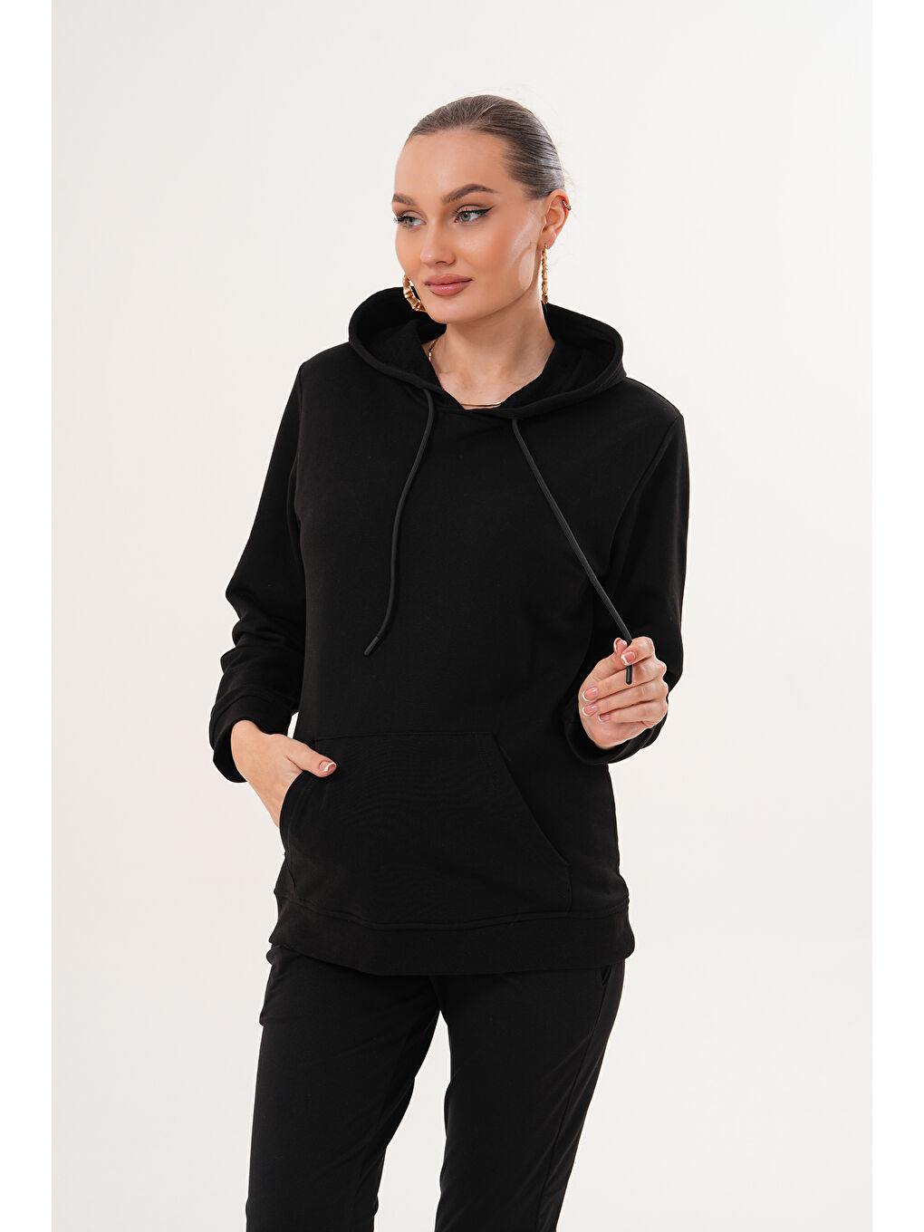 Siyah %100 Pamuk Hamile ve Lohusa Basic Kapüşonlu Sweatshirt-4