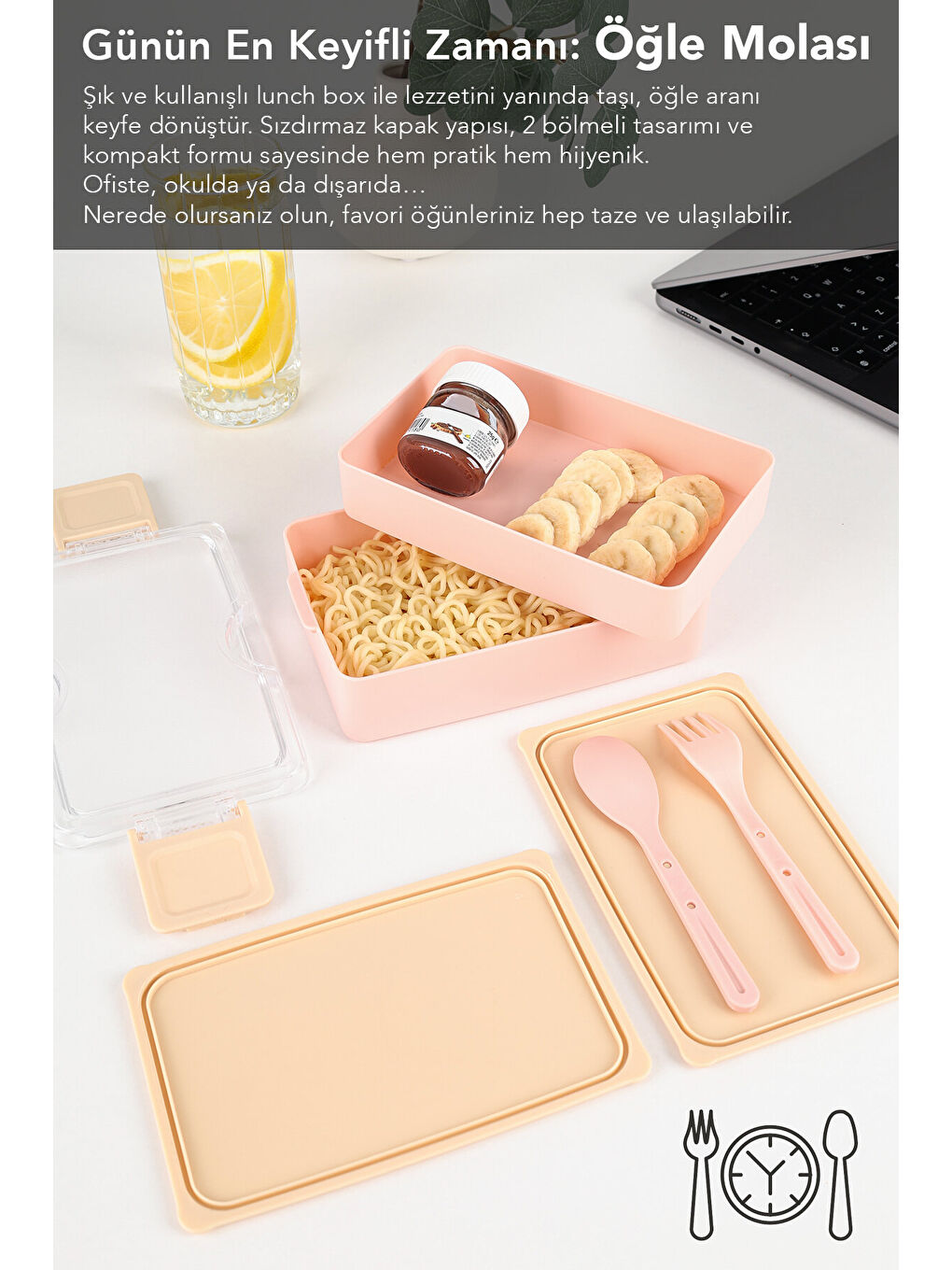 2 Katlı Kilitli Beslenme Kabı - Kendinden Çatal Kaşıklı Lunch Box Beslenme Kutusu Saklama Kabı Pembe-3