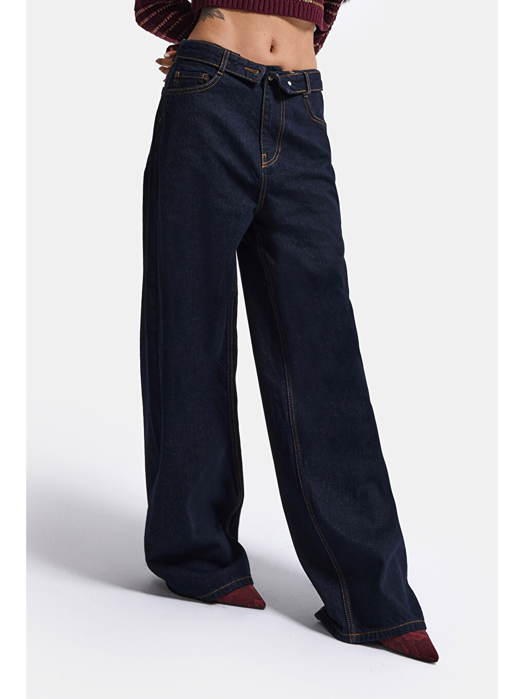 Kadın İndigo Selvedge 7w6-50 Straight Fit Kemer Detaylı Denim Jean-1