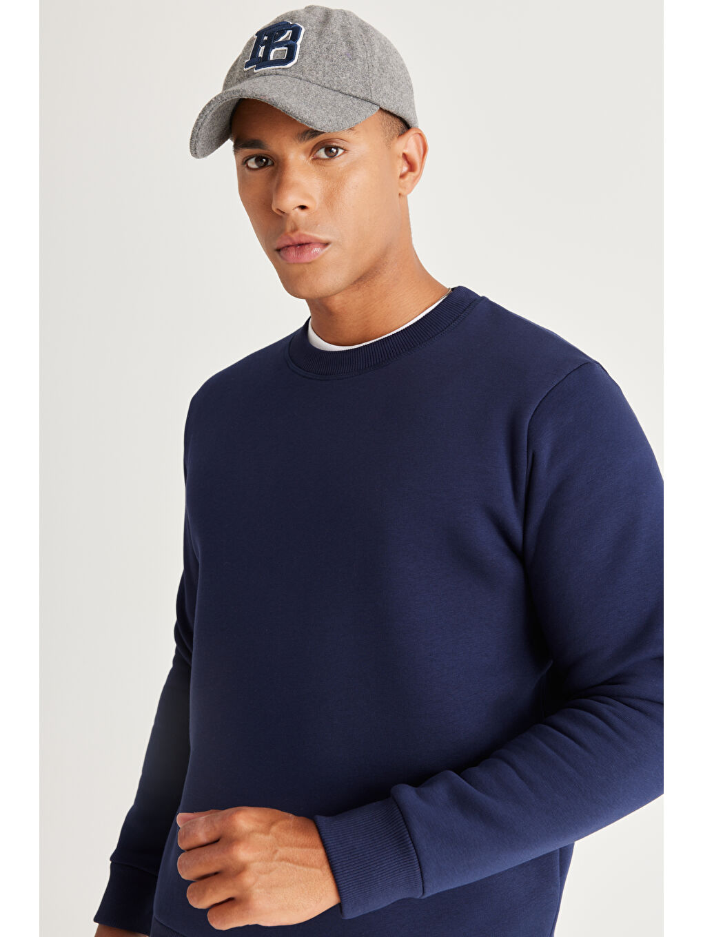 Erkek Lacivert Standart Fit Normal Kesim İçi Polarlı Bisiklet Yaka Sweatshirt-3