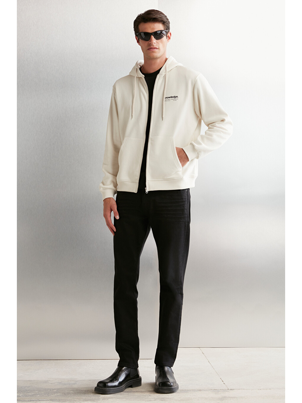 Bej Aksel Erkek Yumuşacık Organik Pamuk Oversize Fermuarlı Baskılı Kapüşonlu Taş Sweatshirt-1