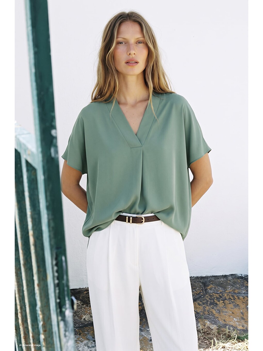 Yeşil Geniş Kısa Kollu Bluz - Mint-1