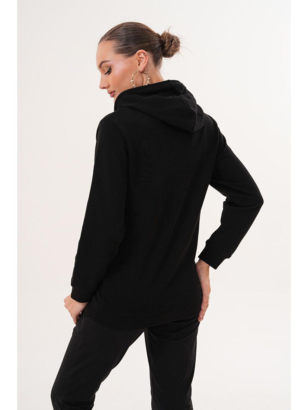 Siyah %100 Pamuk Hamile ve Lohusa Basic Kapüşonlu Sweatshirt-5