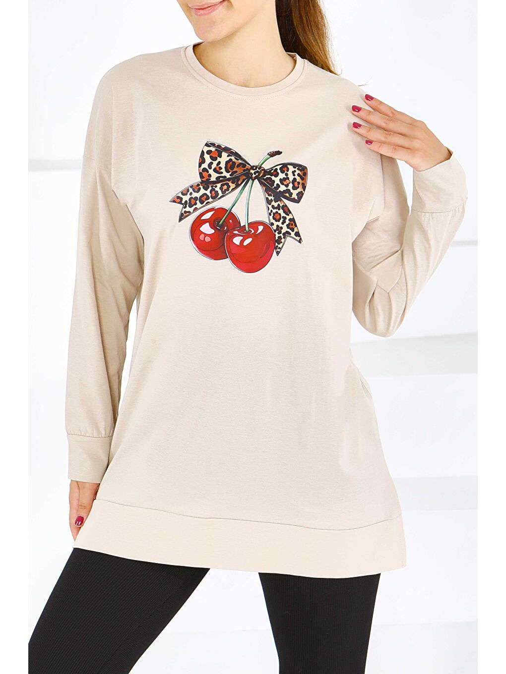 Uzun Kollu Baskılı Süprem Tunik Bej - 27588