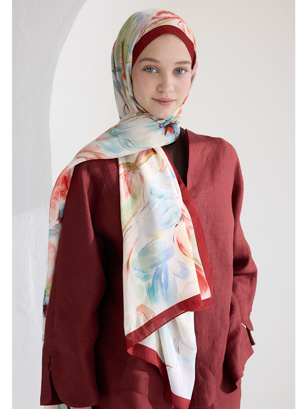 Soft Flora Floş Viskon Şal Bordo-2