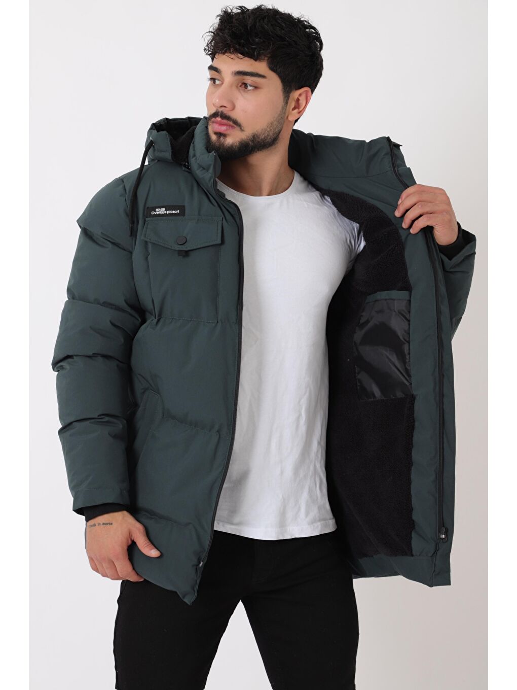 Antrasit Göğüs Cepli İçi Kürklü Uzun Şişme Mont PLDP 2957_50456-3