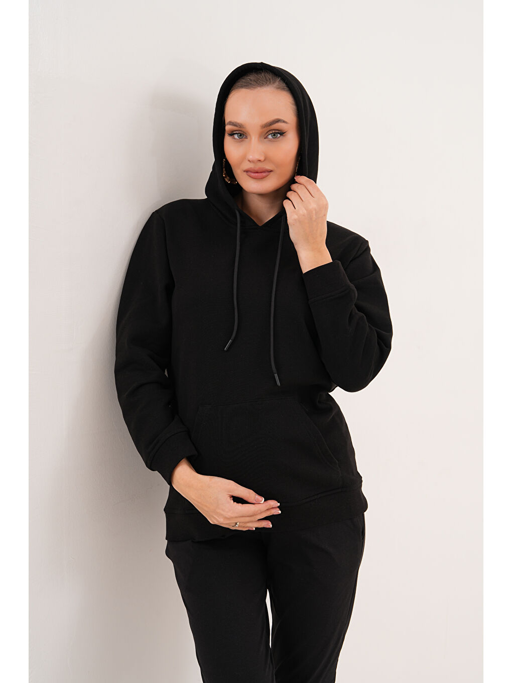 Siyah %100 Pamuk Hamile ve Lohusa Basic Kapüşonlu Sweatshirt-6