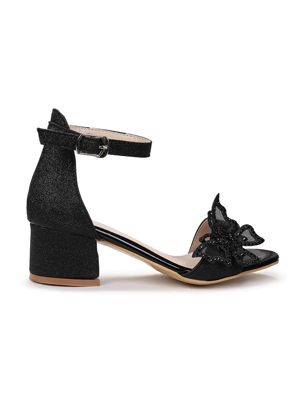 Siyah Zete Kum Simli Kız Çocuk 4 Cm Topuklu Sandalet Abiye Ayakkabı-2