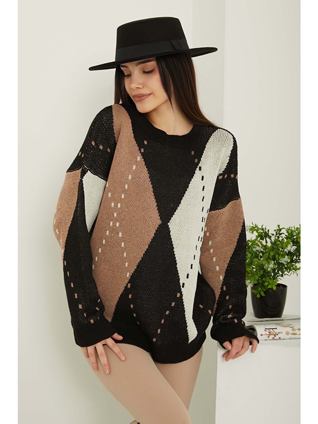 Ekru Baklava Desen Triko Kazak Krem - 27671-1