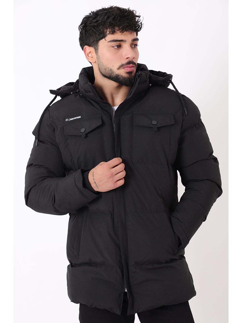 Siyah Göğüs Cepli İçi Kürklü Uzun Şişme Mont PLDP 2957_50456-3