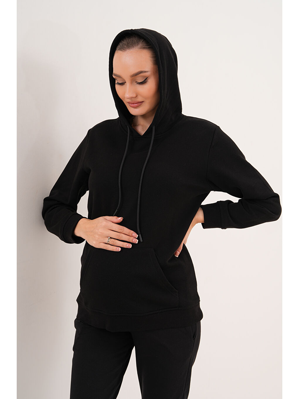 Siyah %100 Pamuk Hamile ve Lohusa Basic Kapüşonlu Sweatshirt-7