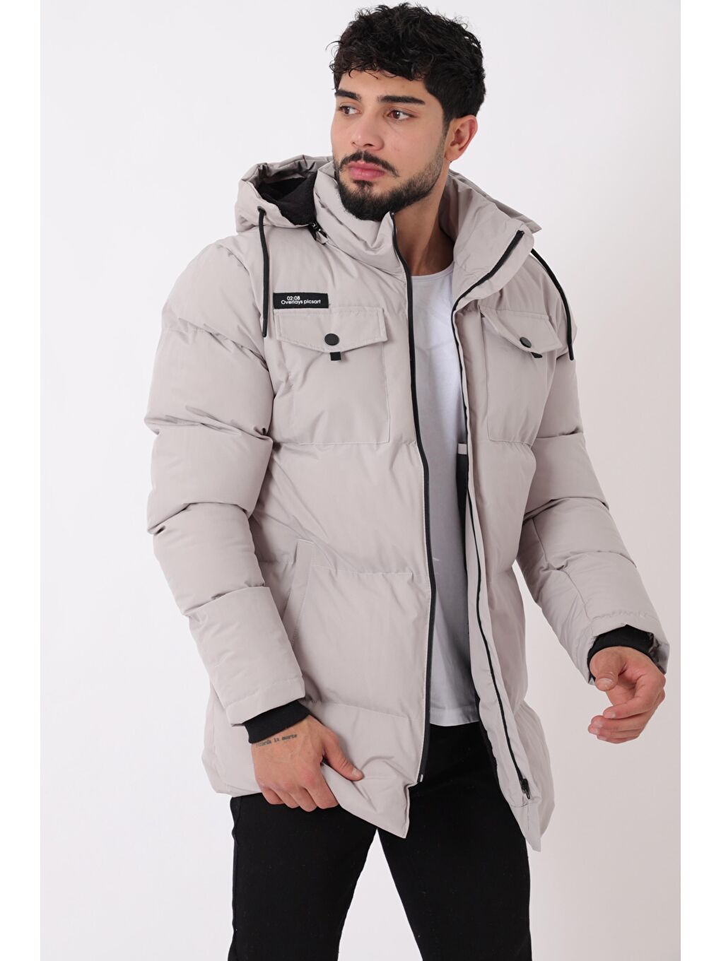 Bej Göğüs Cepli İçi Kürklü Uzun Şişme Mont PLDP 2957_50456