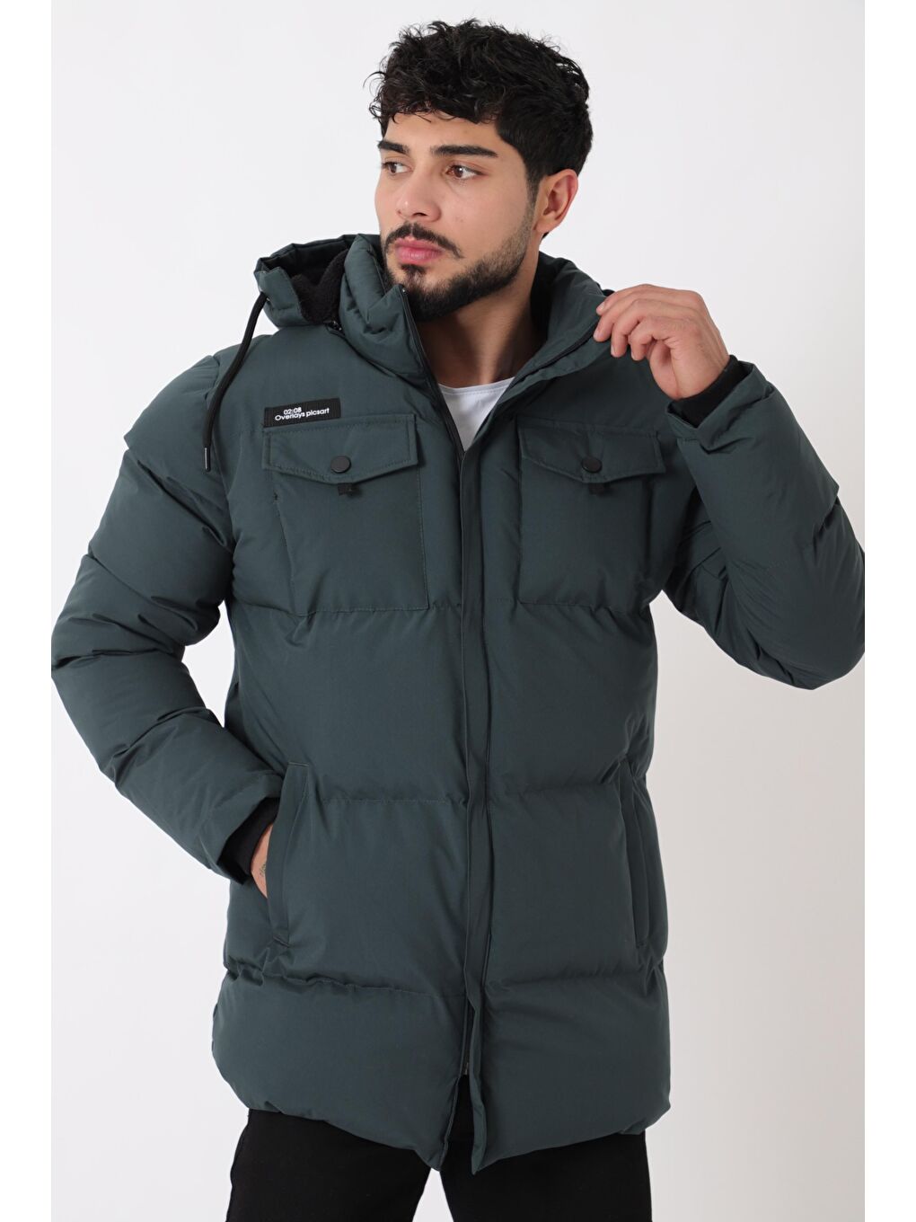 Antrasit Göğüs Cepli İçi Kürklü Uzun Şişme Mont PLDP 2957_50456-4