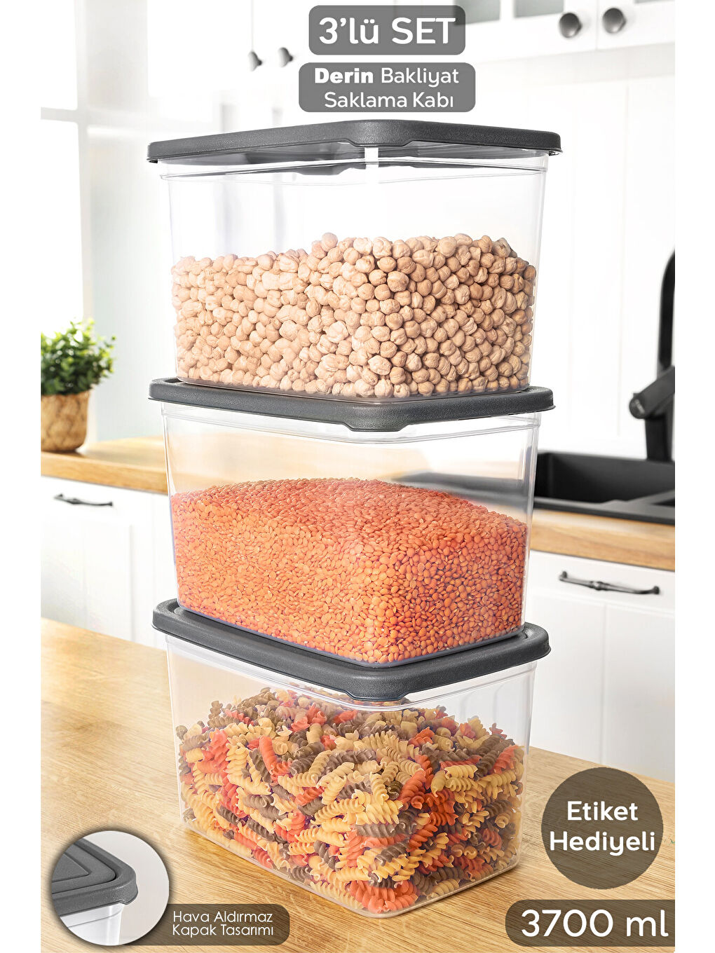 Renksiz 3 Adet Erzak Saklama Kabı 3700 ml