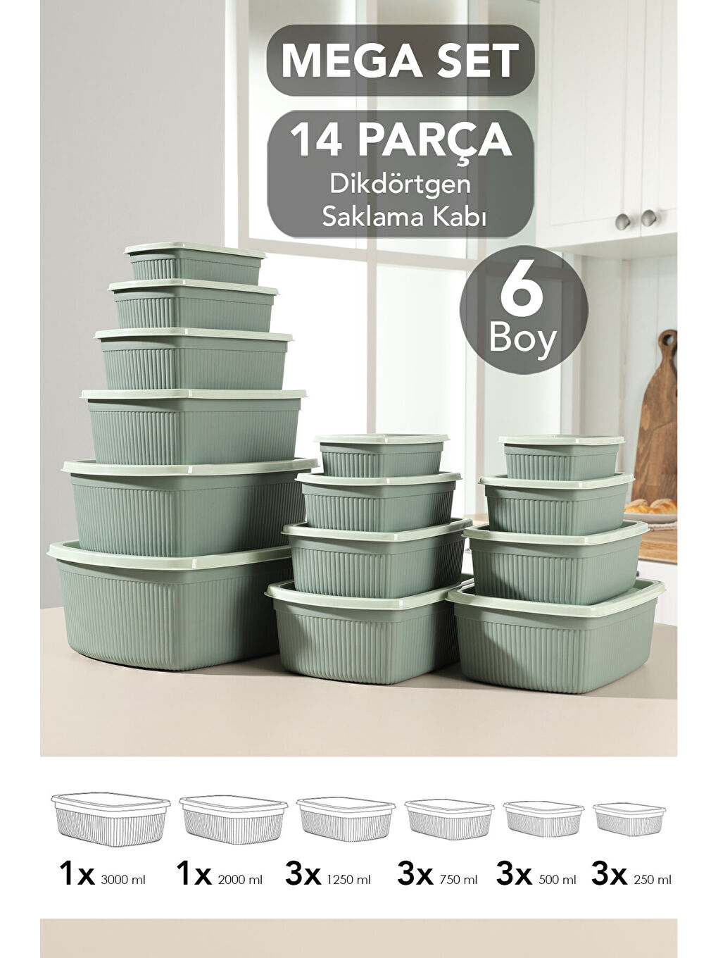 Yeşil 14'lü Çizgili Dikdörtgen Gıda Saklama Kabı Seti