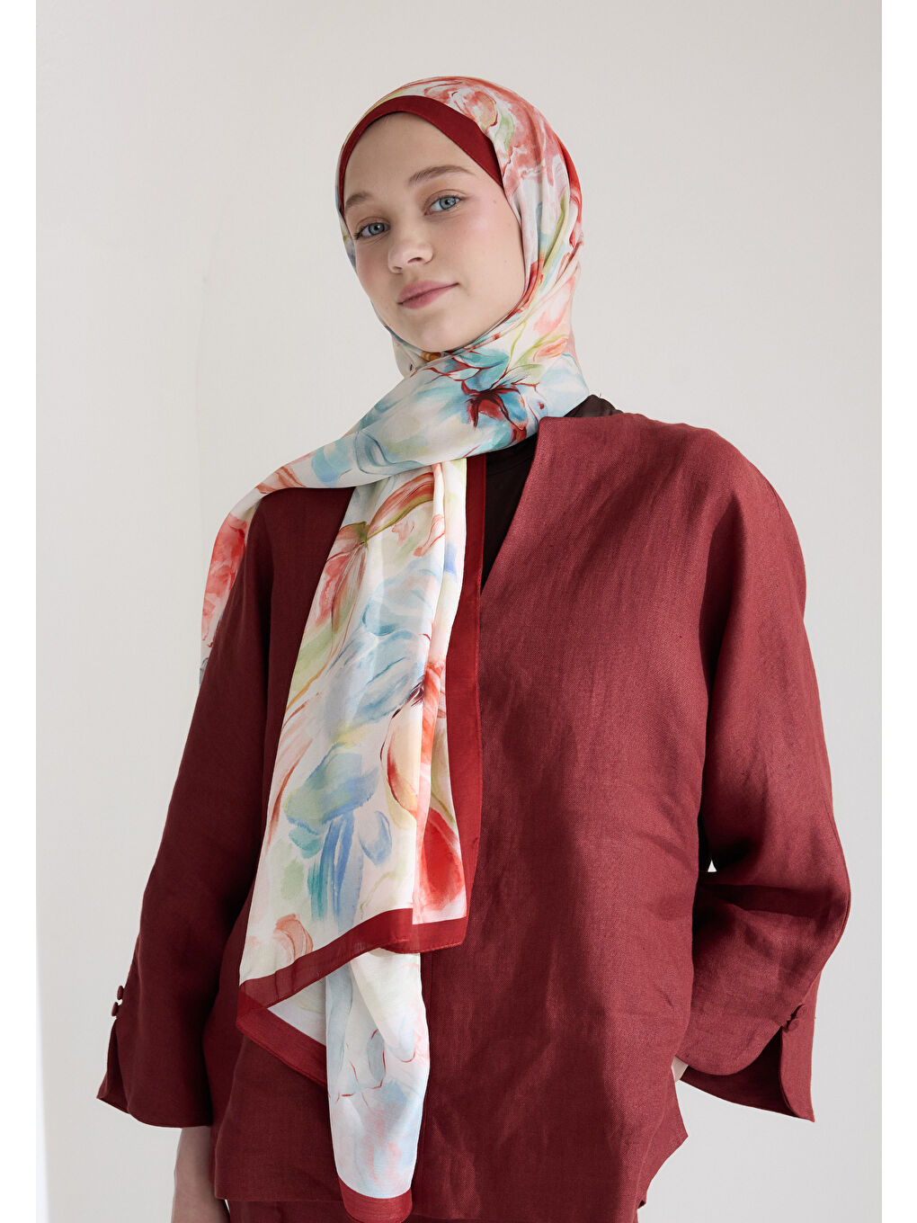 Soft Flora Floş Viskon Şal Bordo-3