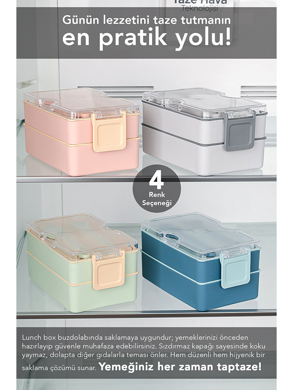 2 Katlı Kilitli Beslenme Kabı - Kendinden Çatal Kaşıklı Lunch Box Beslenme Kutusu Saklama Kabı Pembe-4