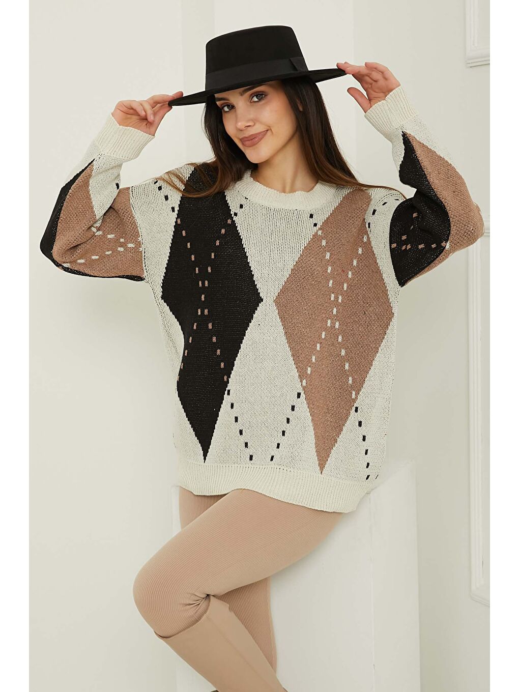 Ekru Baklava Desen Triko Kazak Krem - 27671-2