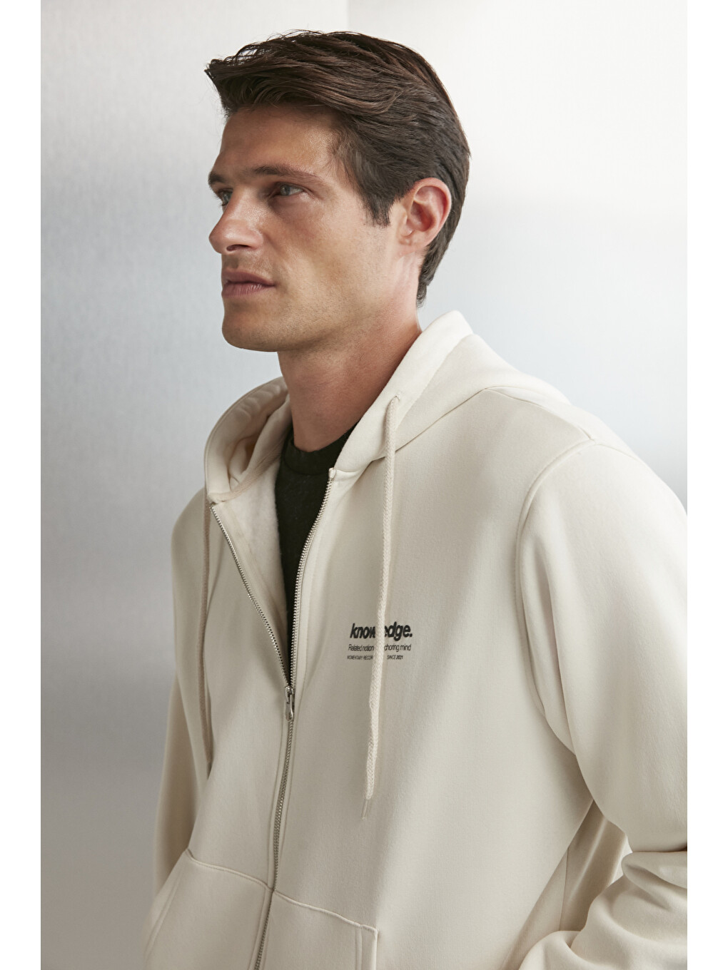 Bej Aksel Erkek Yumuşacık Organik Pamuk Oversize Fermuarlı Baskılı Kapüşonlu Taş Sweatshirt-4