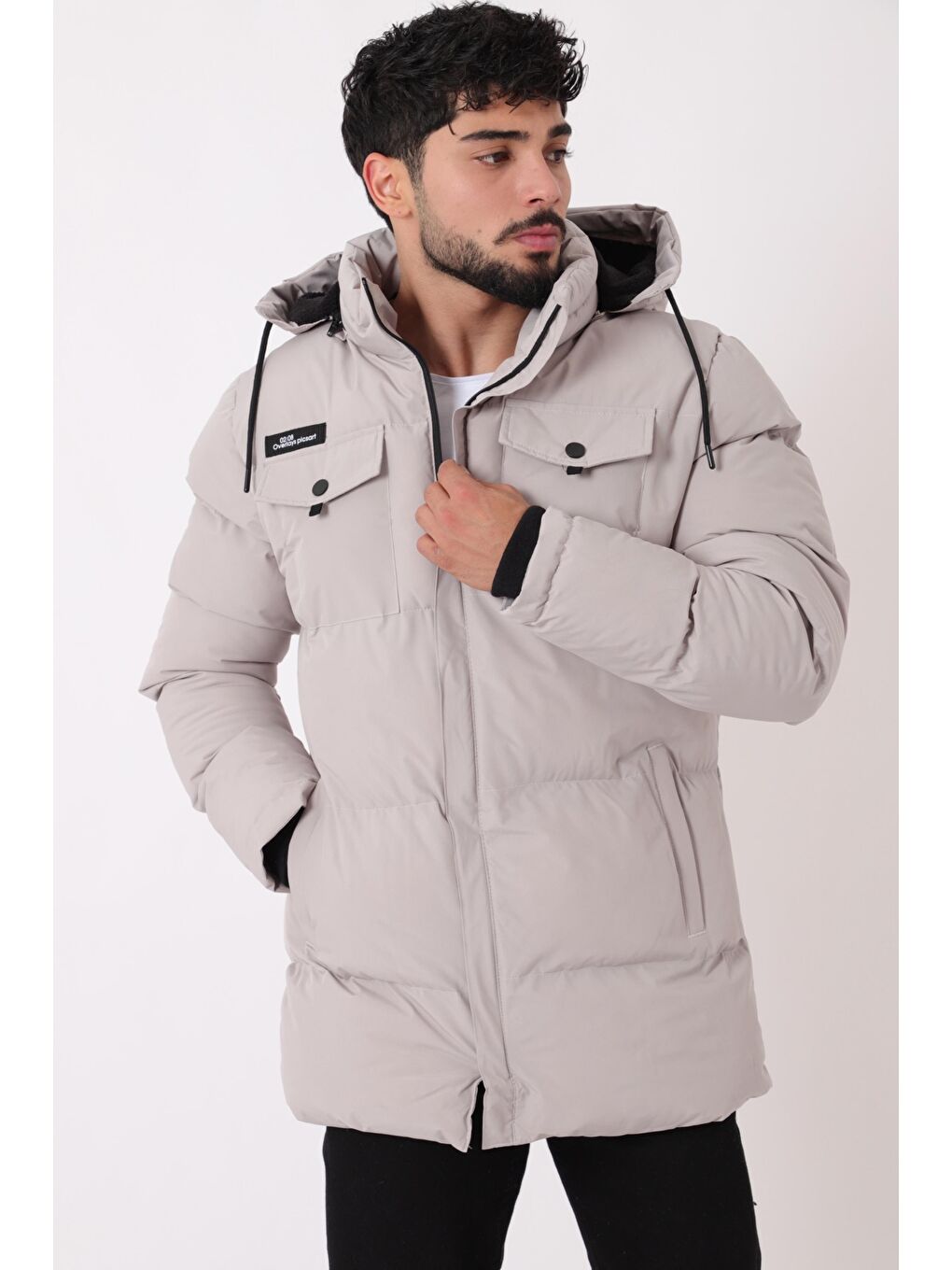 Bej Göğüs Cepli İçi Kürklü Uzun Şişme Mont PLDP 2957_50456-1