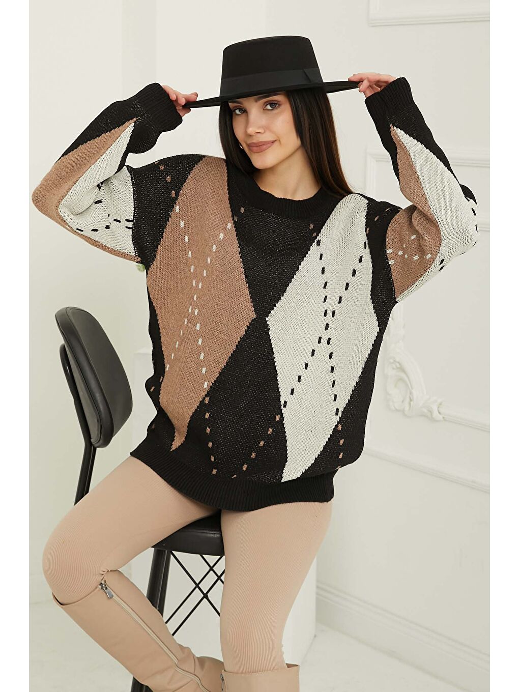 Ekru Baklava Desen Triko Kazak Krem - 27671-3