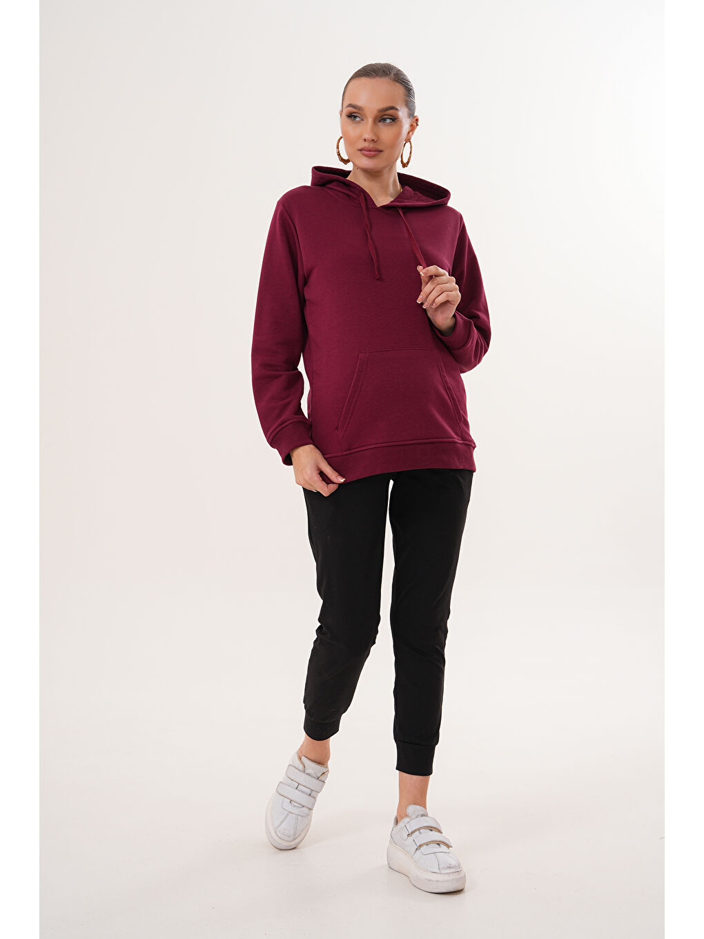 Bordo %100 Pamuk Hamile ve Lohusa Basic Kapüşonlu Sweatshirt