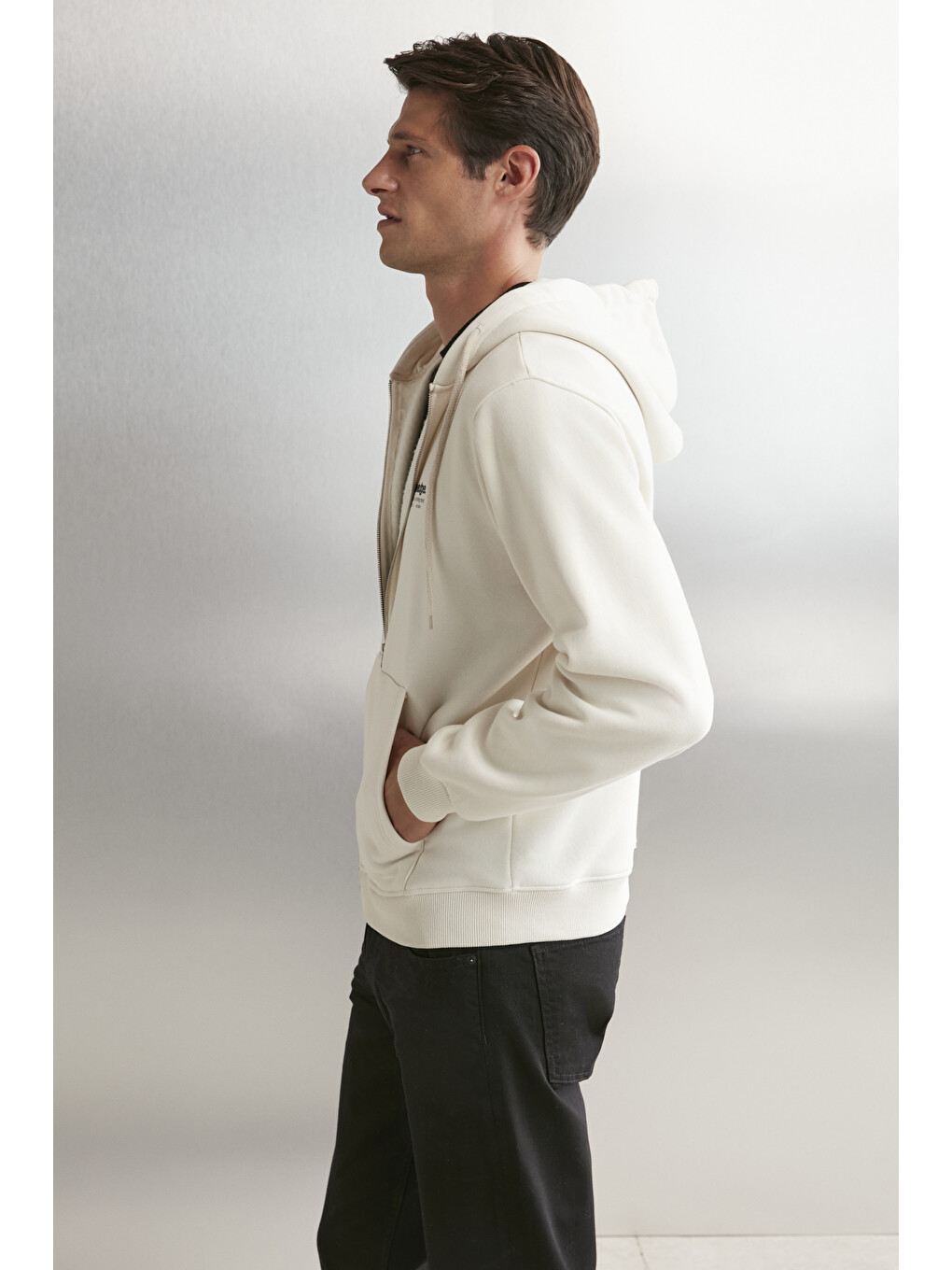 Bej Aksel Erkek Yumuşacık Organik Pamuk Oversize Fermuarlı Baskılı Kapüşonlu Taş Sweatshirt-5