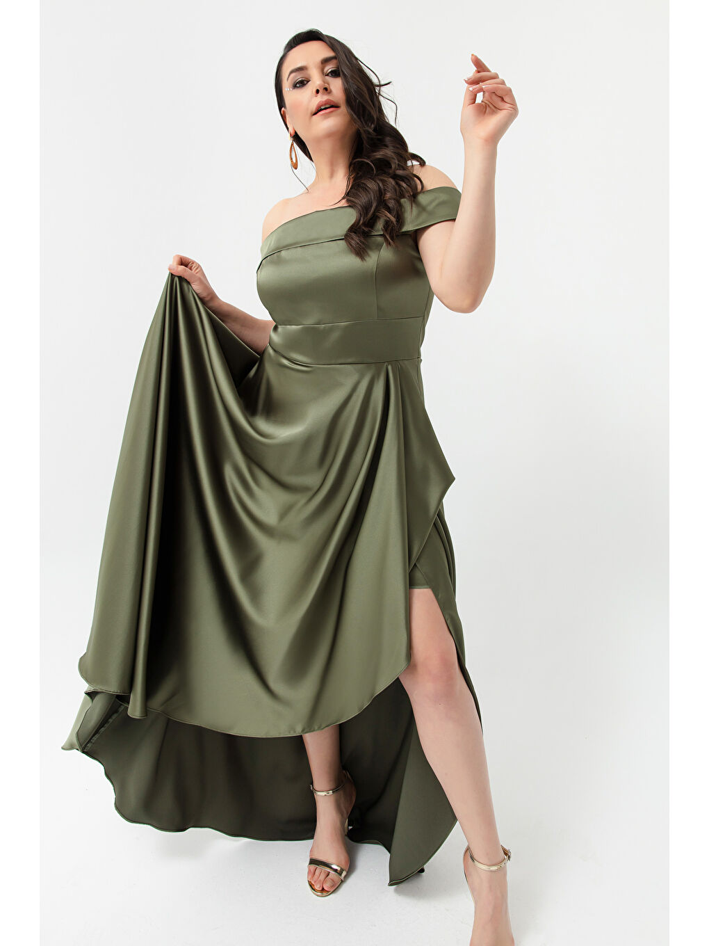Kadın Haki Kayık Yaka Büyük Beden Saten Abiye & Mezuniyet Elbisesi-1
