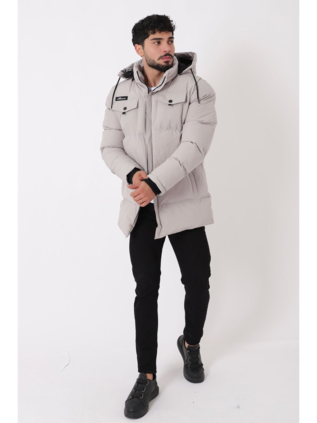 Bej Göğüs Cepli İçi Kürklü Uzun Şişme Mont PLDP 2957_50456-2