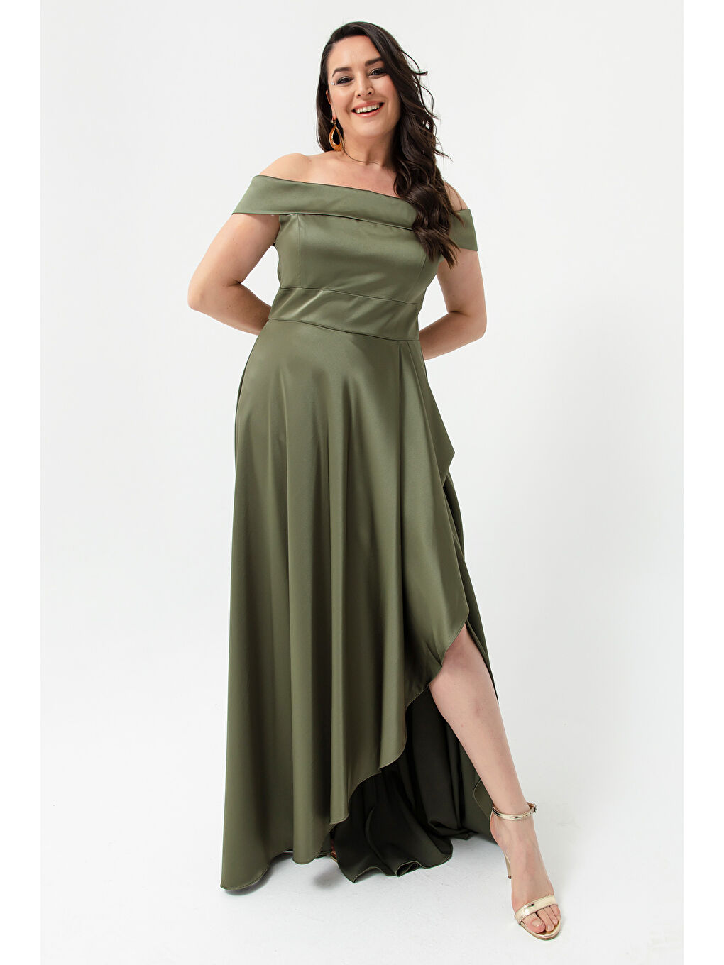 Kadın Haki Kayık Yaka Büyük Beden Saten Abiye & Mezuniyet Elbisesi-2