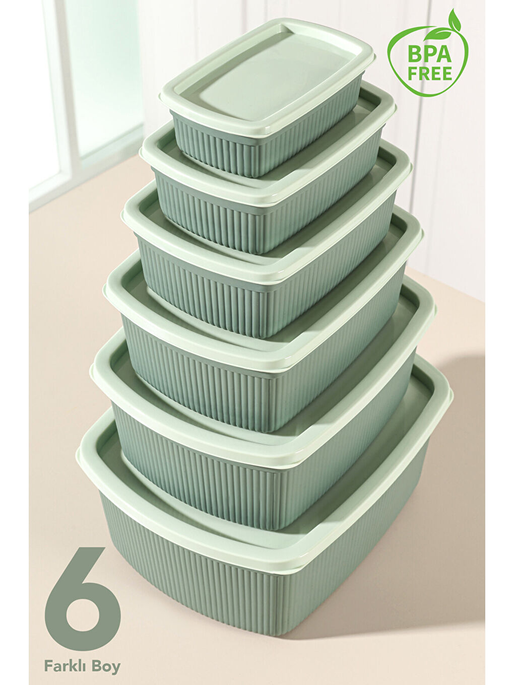 Yeşil 14'lü Çizgili Dikdörtgen Gıda Saklama Kabı Seti-2