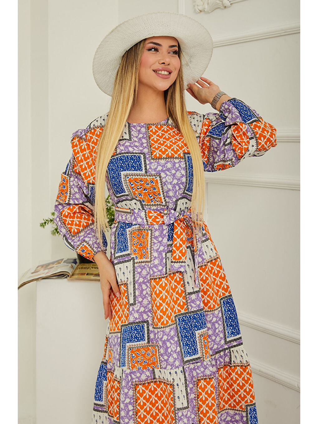 Mavi Desenli Kolu Büzgülü Elbise Saks - 26619-5