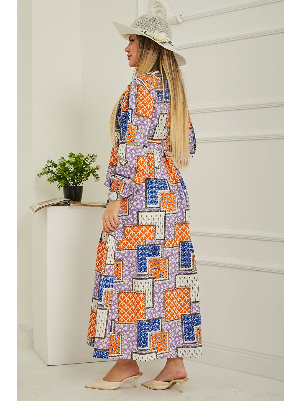 Mavi Desenli Kolu Büzgülü Elbise Saks - 26619-6