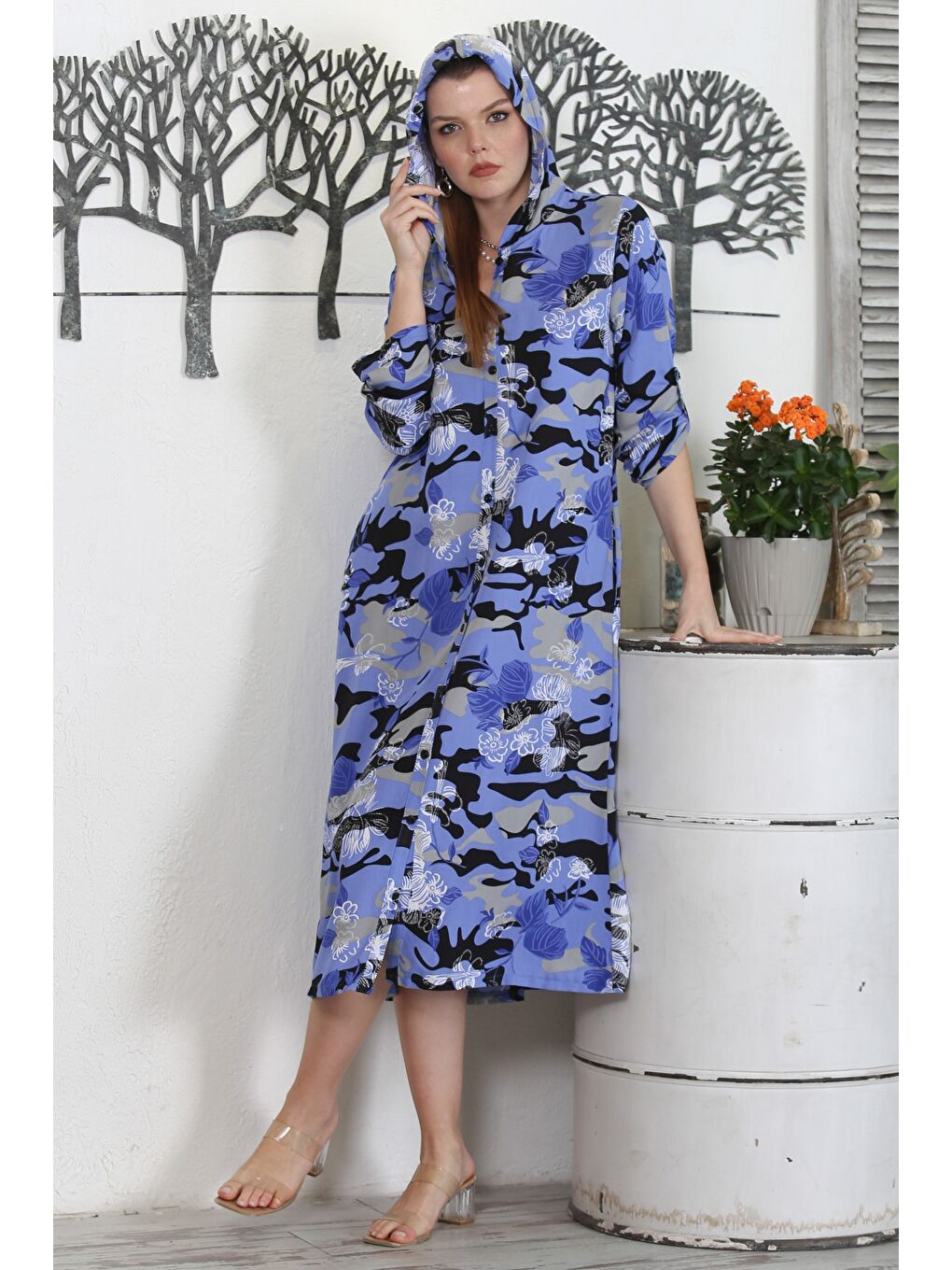 Kamuflaj Mavi Kapüşonlu Düğmeli Uzun Kollu Gizli Cepli Baskılı Casual Dokuma Elbise