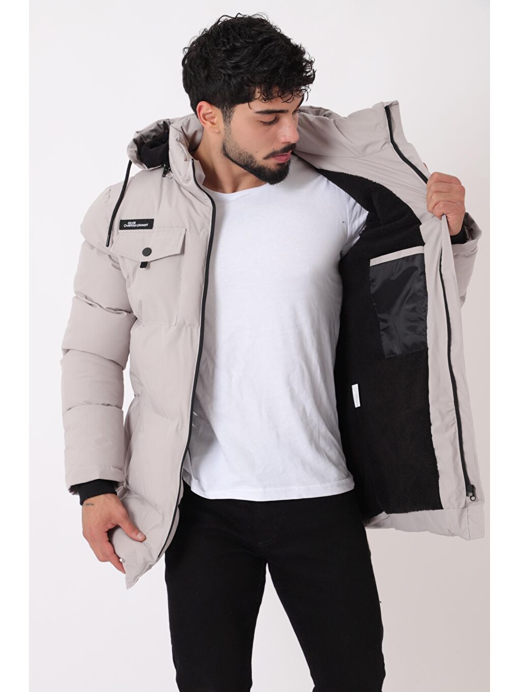 Bej Göğüs Cepli İçi Kürklü Uzun Şişme Mont PLDP 2957_50456-3