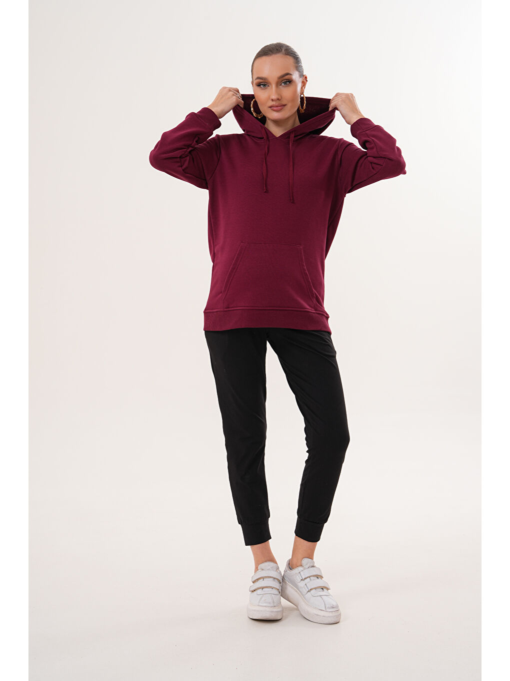 Bordo %100 Pamuk Hamile ve Lohusa Basic Kapüşonlu Sweatshirt-1