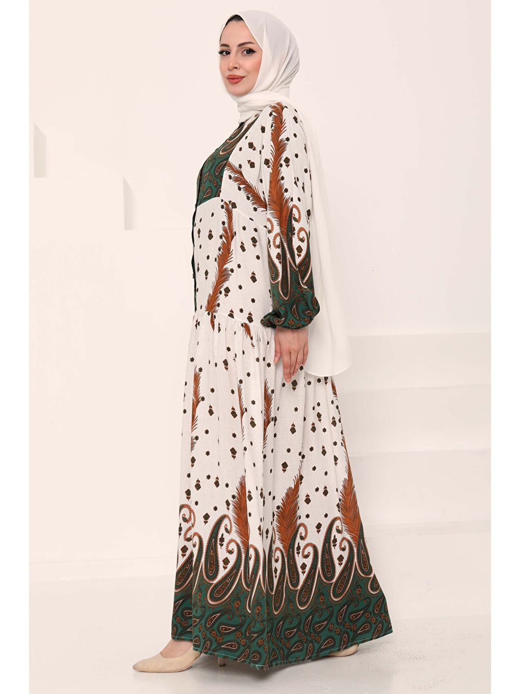 Desenli Düğmeli Elbise Haki - 27040-4