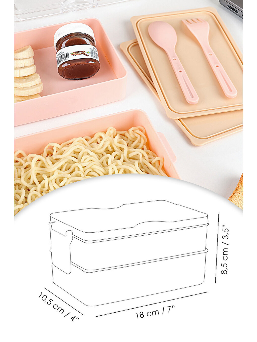 2 Katlı Kilitli Beslenme Kabı - Kendinden Çatal Kaşıklı Lunch Box Beslenme Kutusu Saklama Kabı Pembe-5