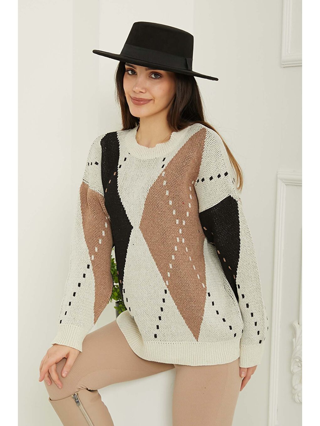 Ekru Baklava Desen Triko Kazak Krem - 27671-5