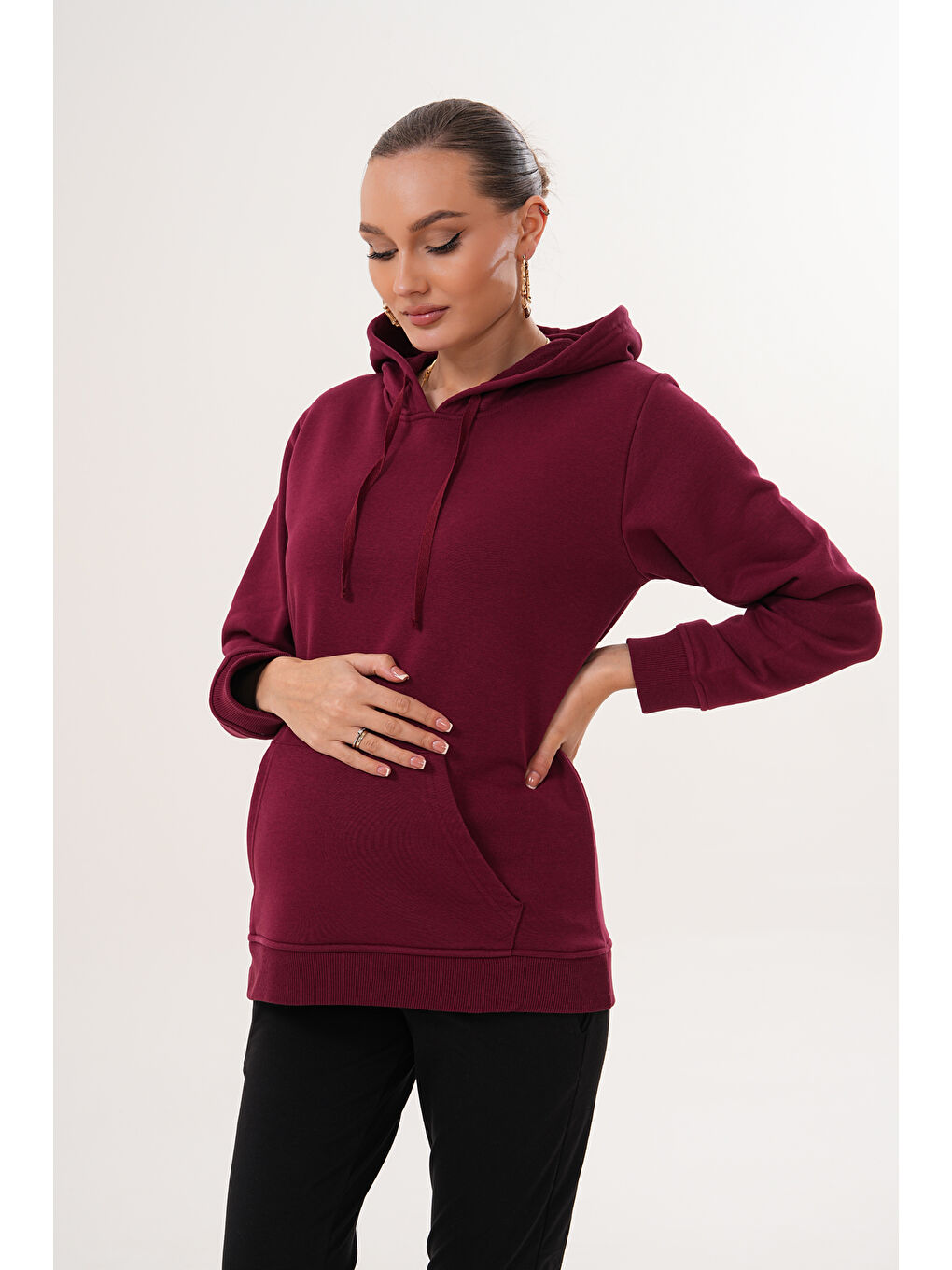 Bordo %100 Pamuk Hamile ve Lohusa Basic Kapüşonlu Sweatshirt-2