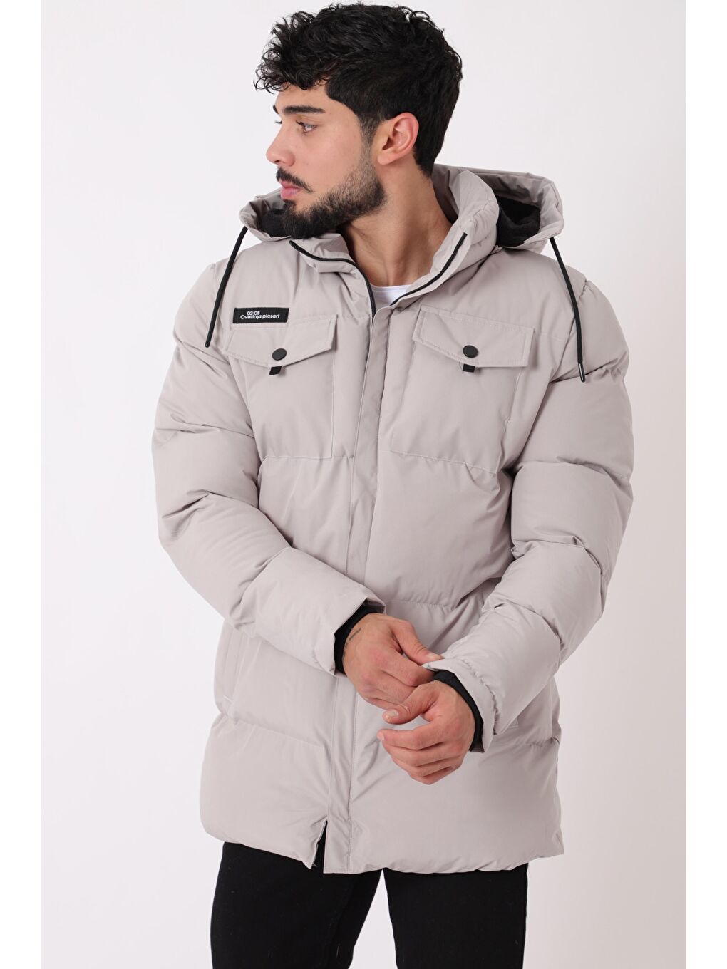 Bej Göğüs Cepli İçi Kürklü Uzun Şişme Mont PLDP 2957_50456-4