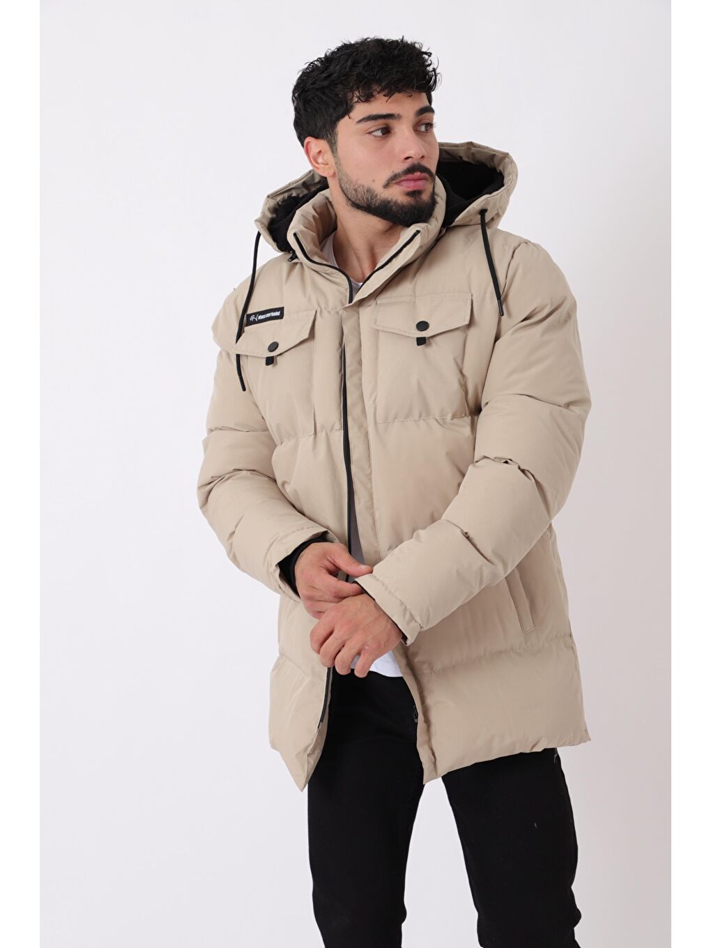 Bej Göğüs Cepli İçi Kürklü Uzun Şişme Mont PLDP 2957_50456