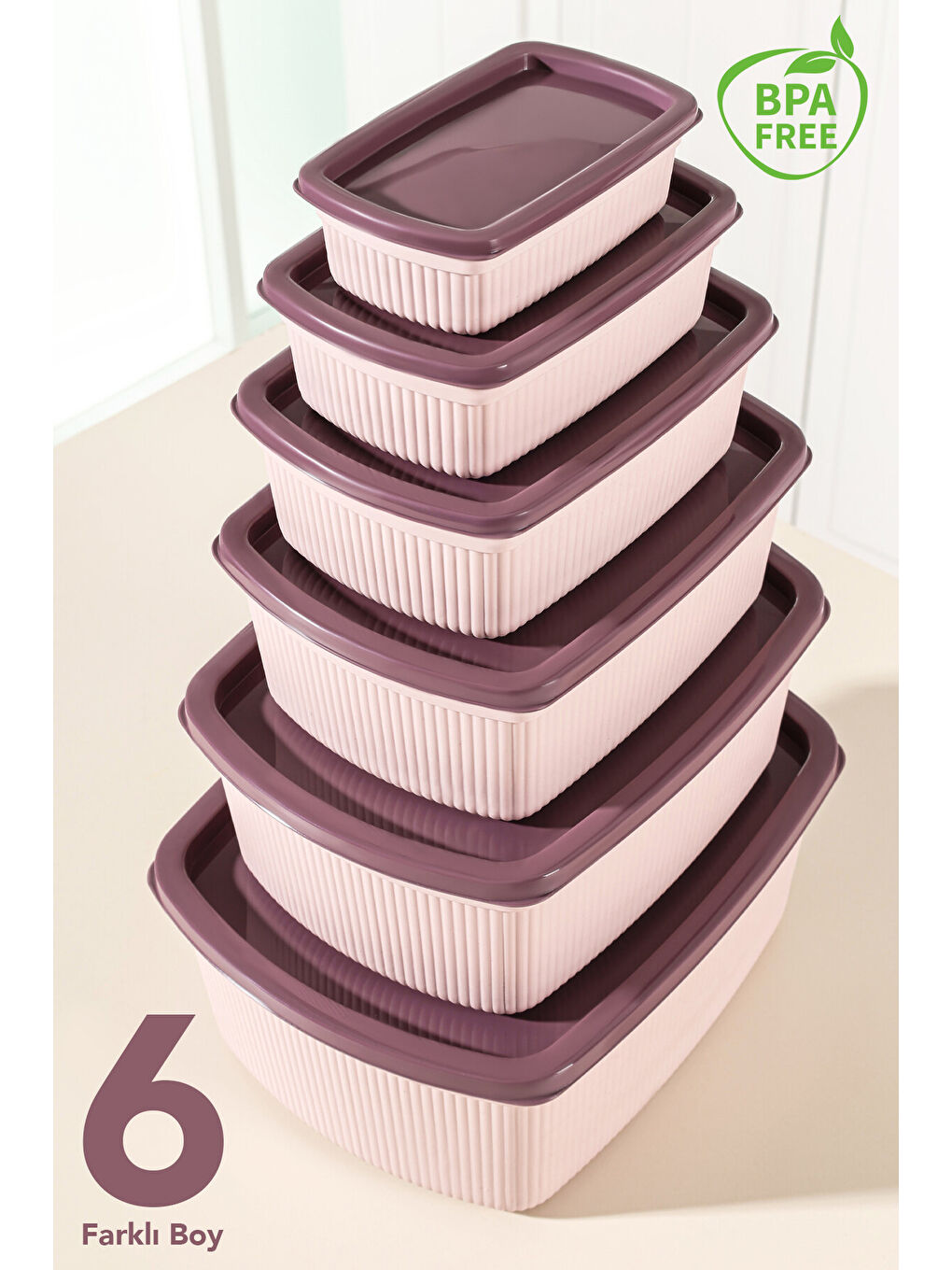Pembe 12'li Çizgili Dikdörtgen Gıda Saklama Kabı Seti-2