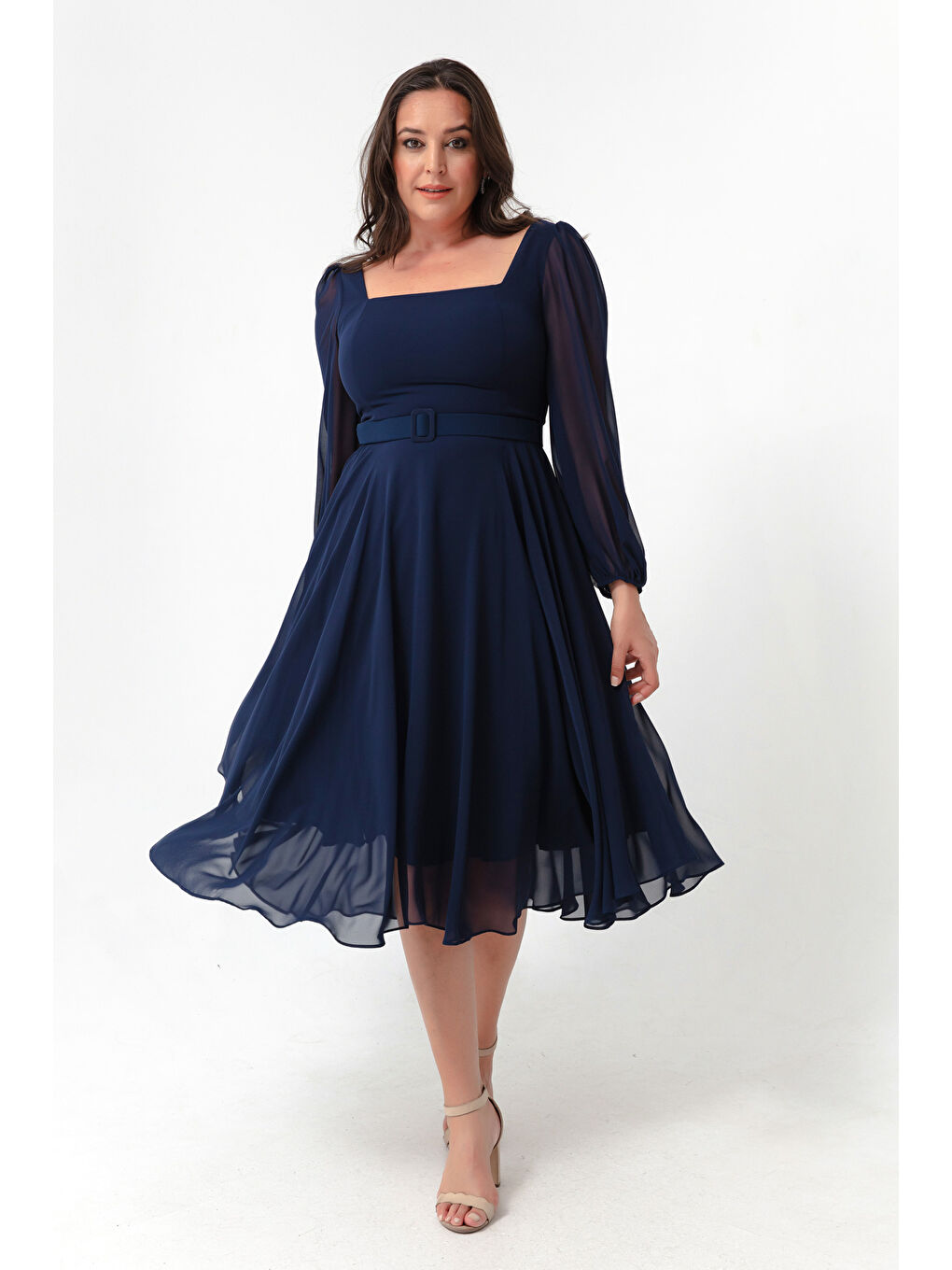 Kadın Lacivert Kare Yaka Kemerli Midi Şifon Büyük Beden Abiye Elbise-1