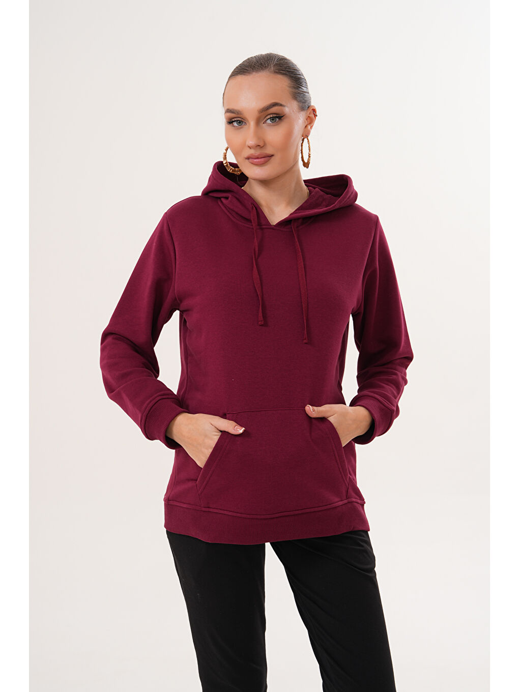 Bordo %100 Pamuk Hamile ve Lohusa Basic Kapüşonlu Sweatshirt-3