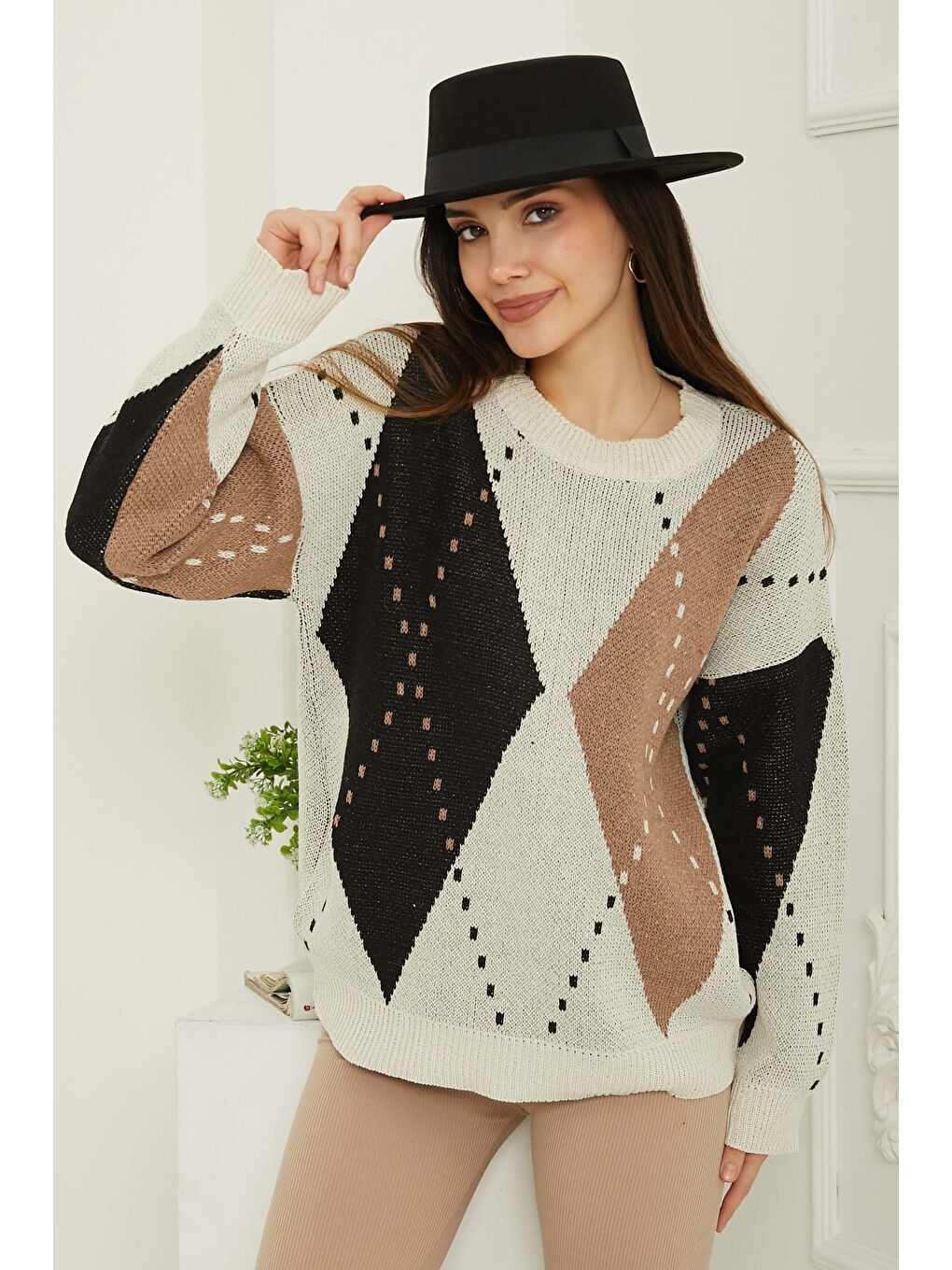 Ekru Baklava Desen Triko Kazak Krem - 27671-6