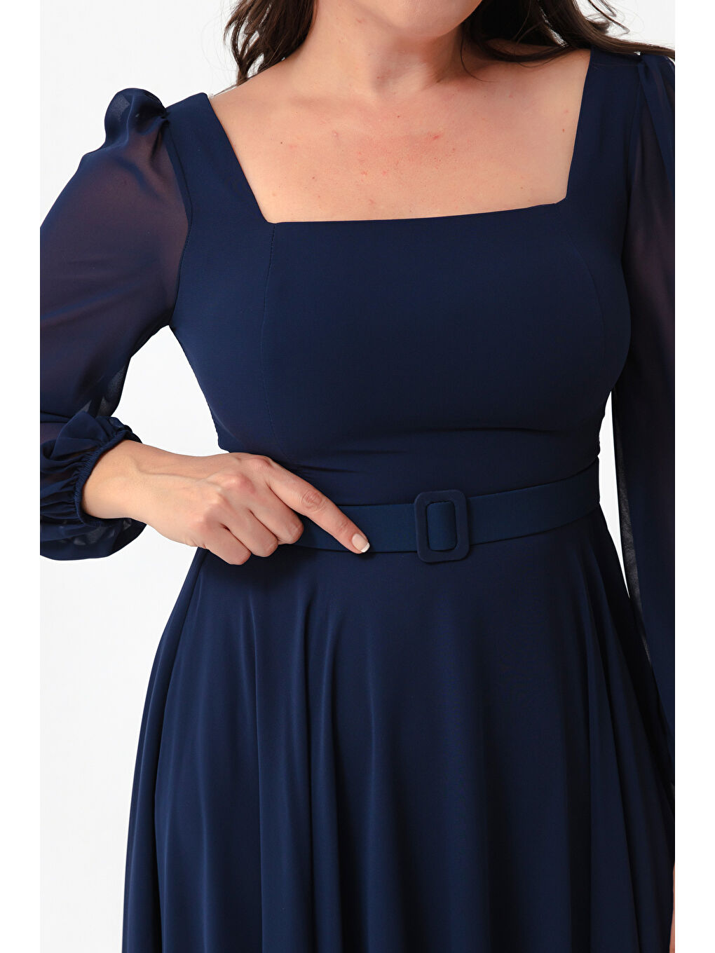 Kadın Lacivert Kare Yaka Kemerli Midi Şifon Büyük Beden Abiye Elbise-2