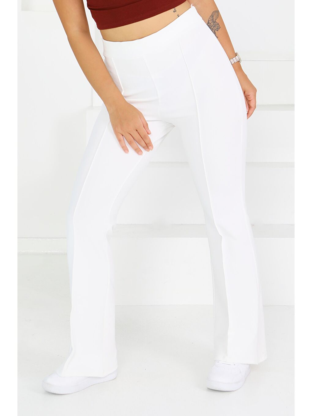 Çımalı İspanyol Paça Krep Pantolon Beyaz - 27623-1