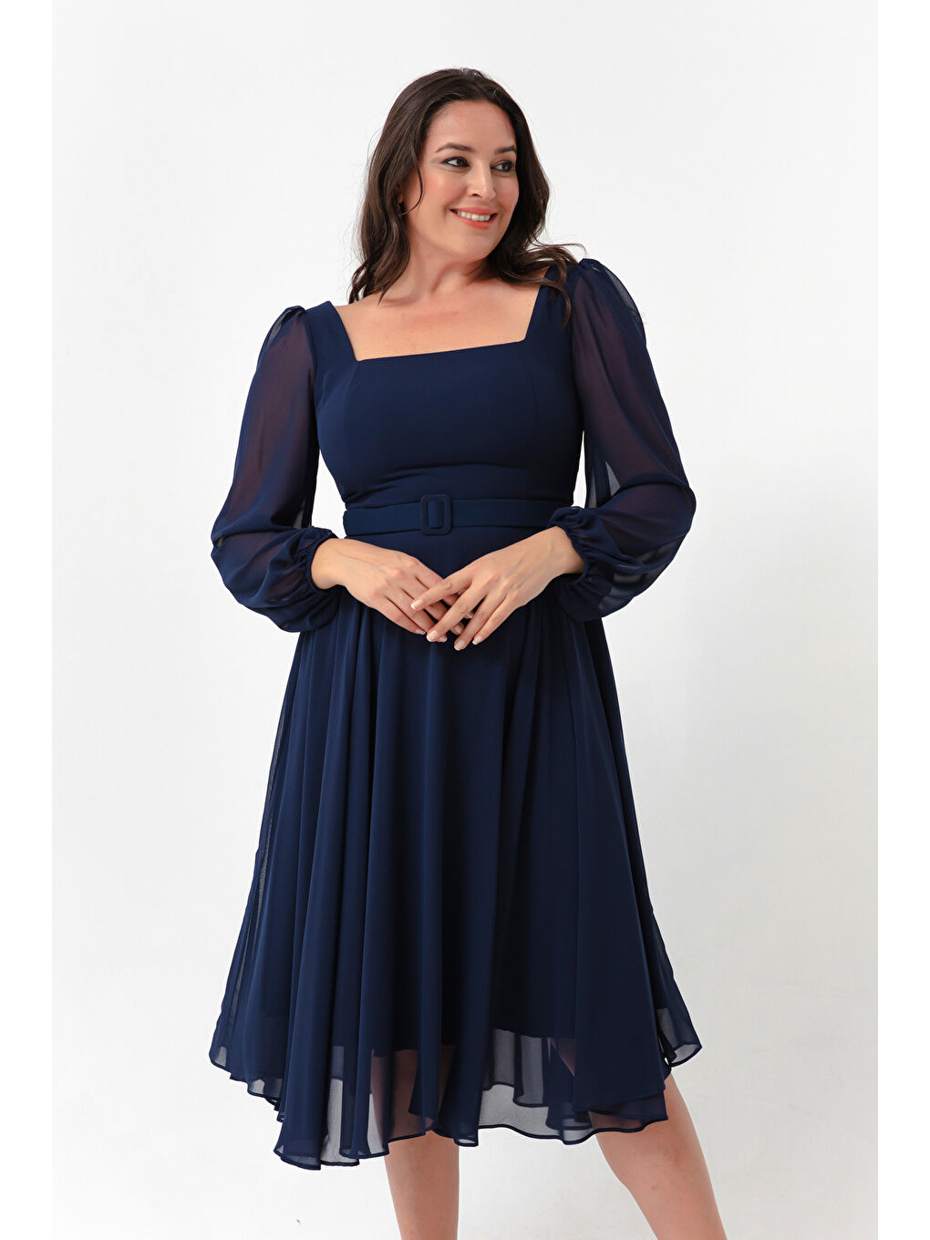 Kadın Lacivert Kare Yaka Kemerli Midi Şifon Büyük Beden Abiye Elbise-3