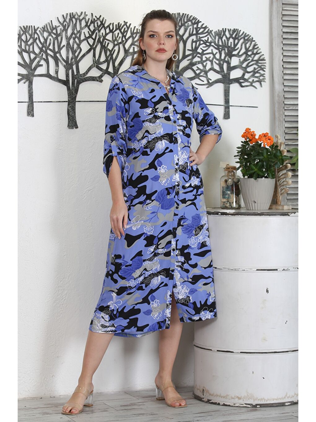 Kamuflaj Mavi Kapüşonlu Düğmeli Uzun Kollu Gizli Cepli Baskılı Casual Dokuma Elbise-3